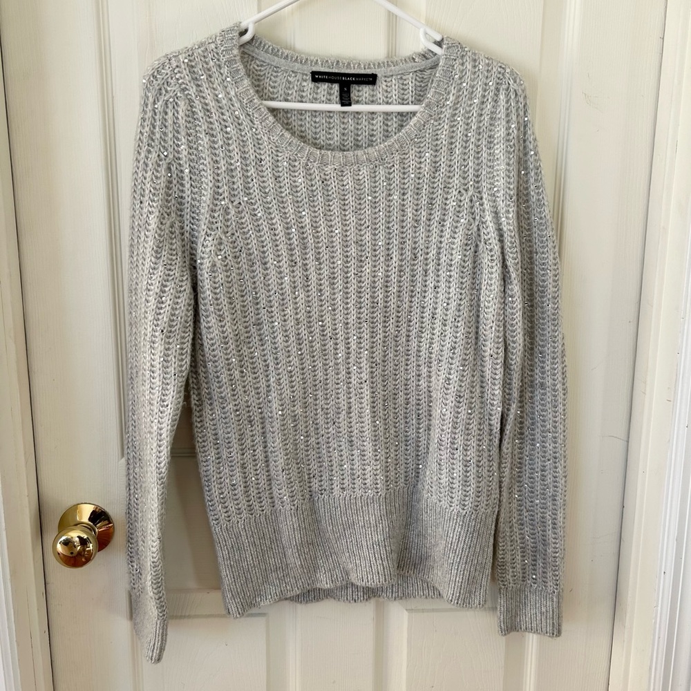 White House Black Market Grey Bejeweled Cable Knit Sweater